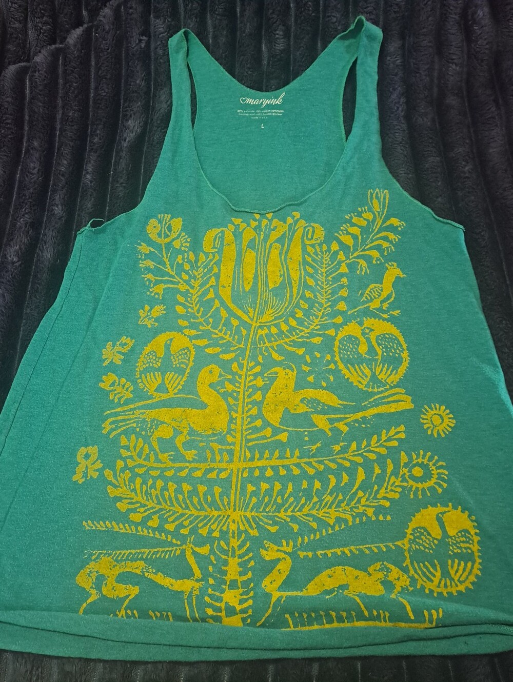 Teal Graphic Tee with Yellow Folk Bird Print